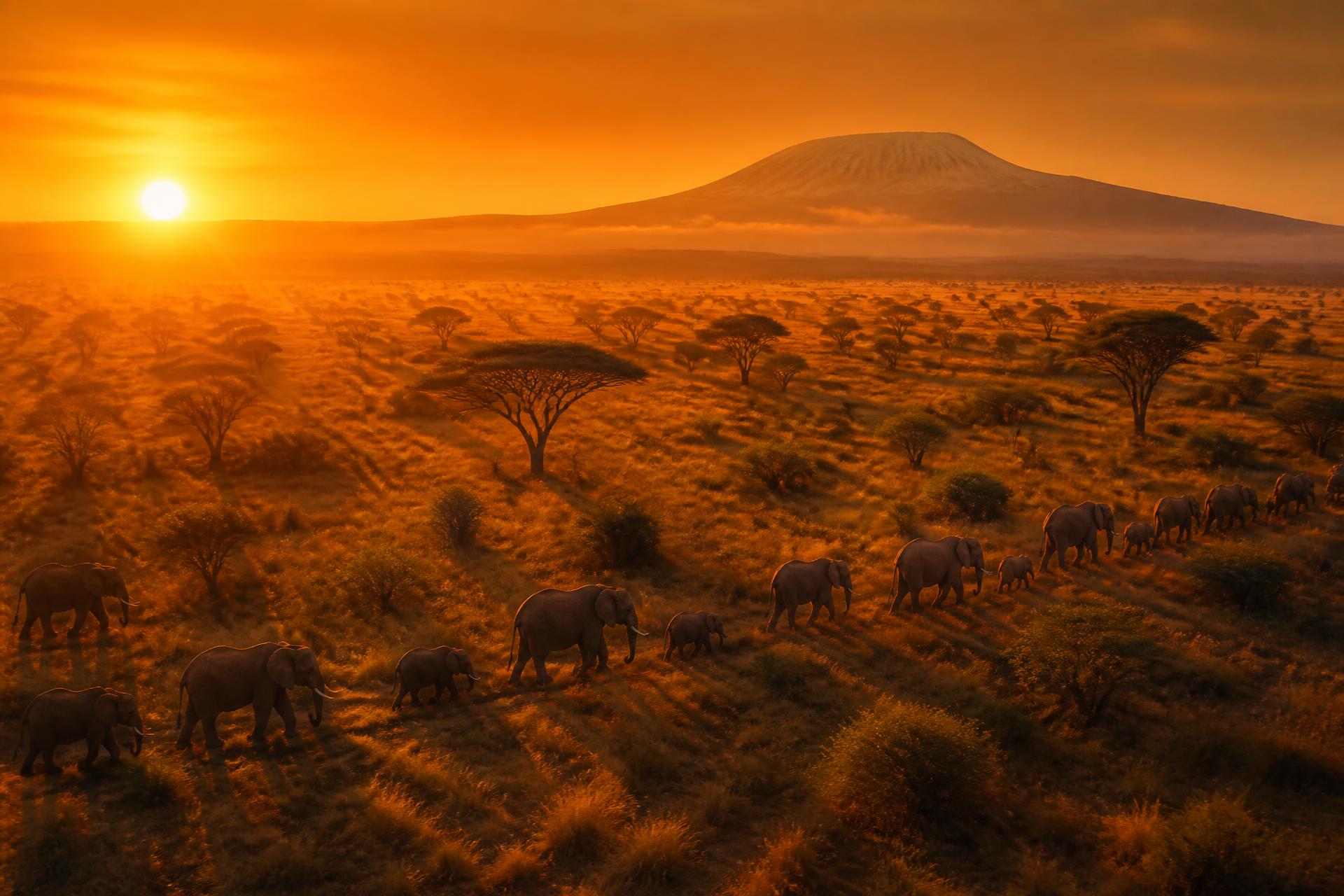 Elephants crossing the African savannah at sunset