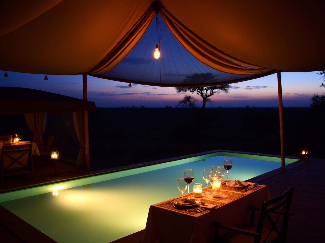 Luxury safari camp at dusk