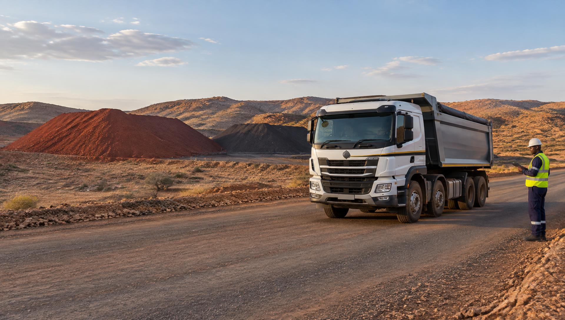 African mining logistics supervisor beside a heavy-duty transport truck in South Africa